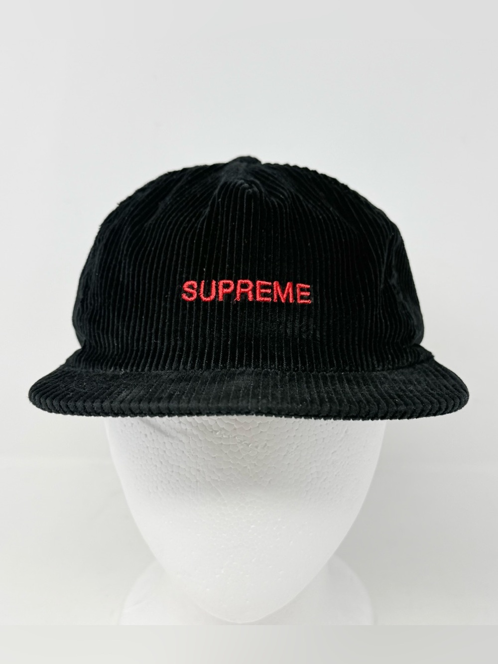 Supreme Black Corduroy 5-Panel Cap with Red Embroidered Logo